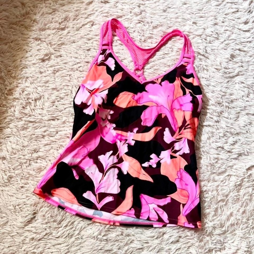 Tropical Summer Resort Beachy Poolside Botanical Tankini Top Women M Floral Pop